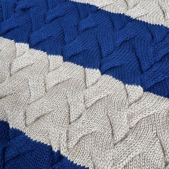 Lands End Women Drifter Sweater Medium Blue Tan Stripe Braided Cable Knit Preppy - Picture 6 of 13